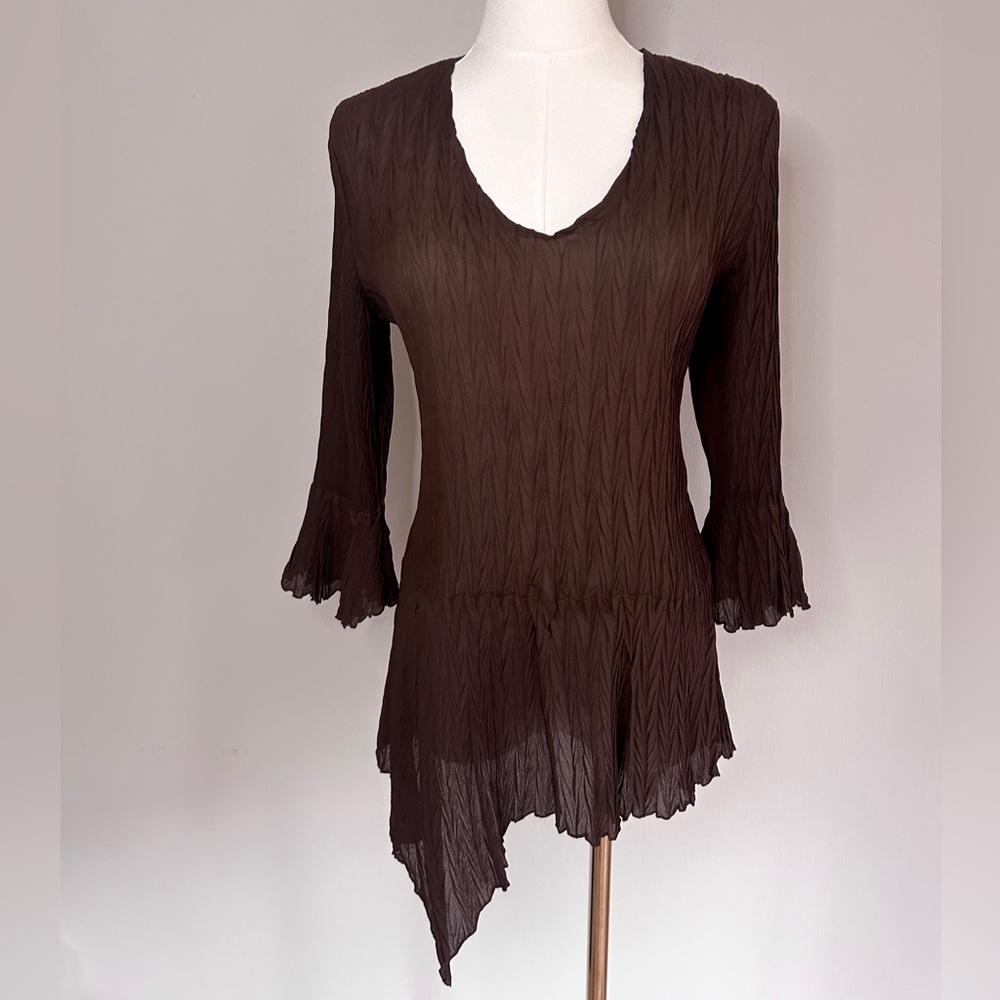 Y2K VINTAGE Brown Asymmetric Bell Sleeve Top Sheer 90s Fairy Grunge Goblin Sz M - Picture 3 of 11
